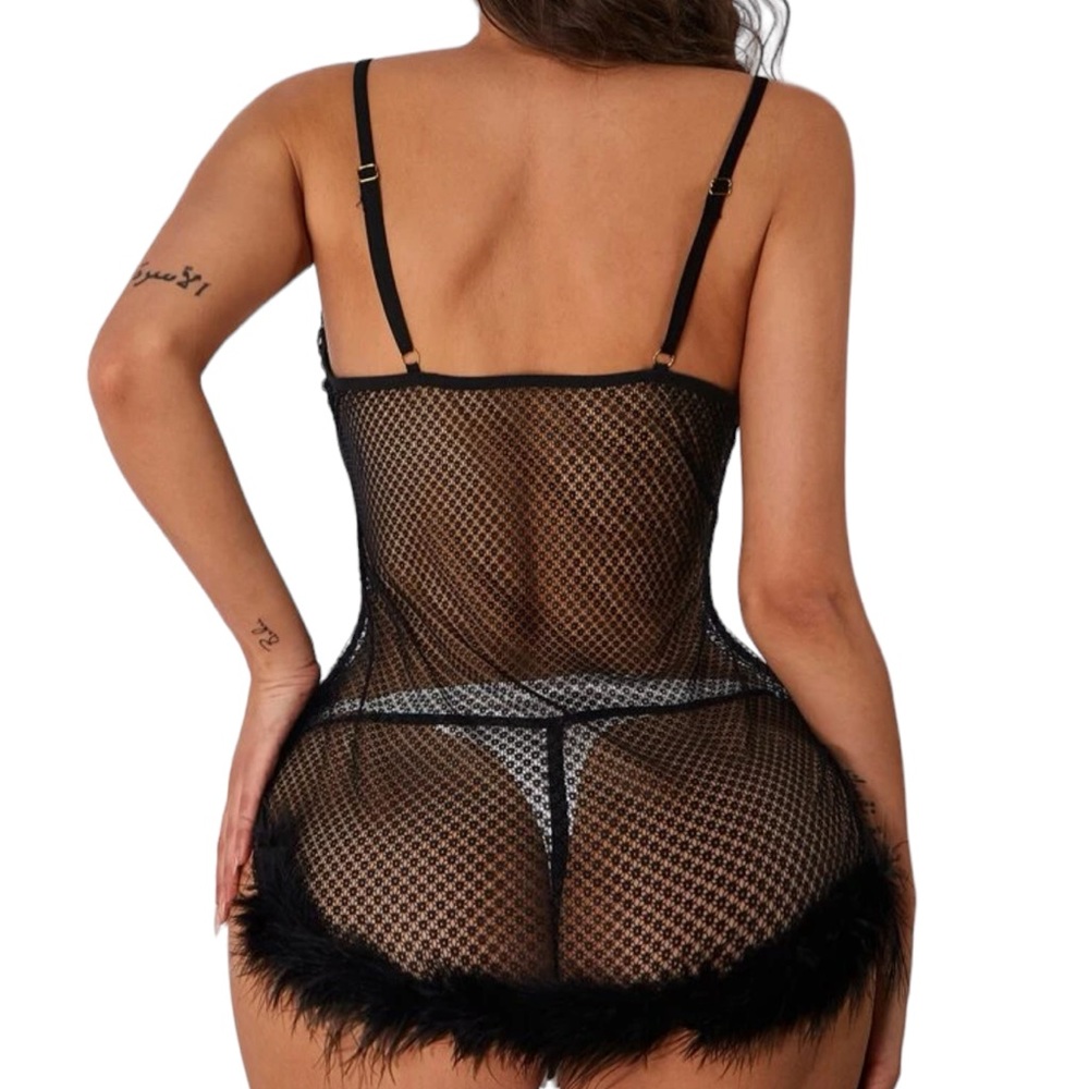 Sexy Black Fishnet Fluffy Lingerie set Dress Marabou Feathers Stretch Thong Hot - Picture 2 of 3